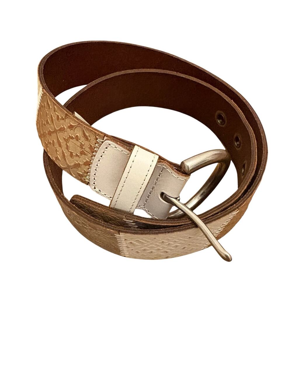 Fossil Women's Leather Patchwork Belth, Cream, Silver, Gold, Silver buckle, S